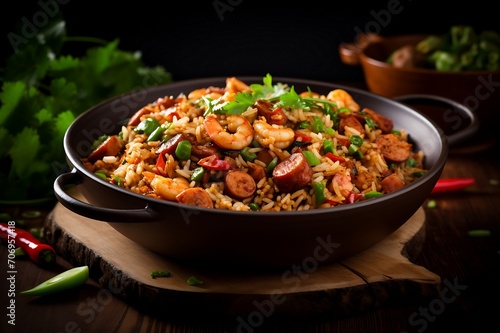 Spicy homemade Jambalaya. prawns and vegetables.