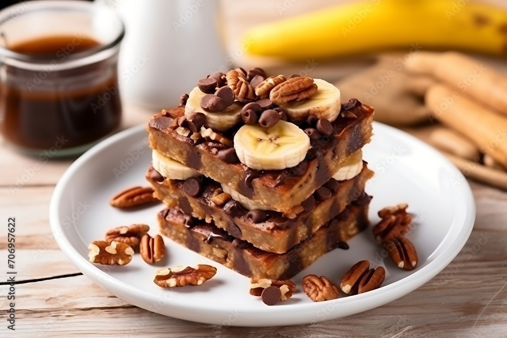 Sandwich with banana, peanut butter and chocolate on a wooden background Sandwich with banana, peanut butter and chocolate on a wooden background