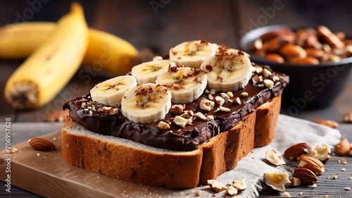 Sandwich with banana, peanut butter and chocolate on a wooden background