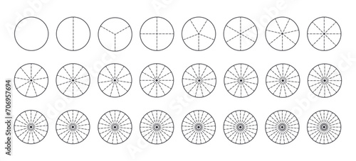 Circles divided into parts from 1 to 24. Outline round chart for infographic, pie portion or pizza slice. Wheel division into fractions, circular shape sectors on white background.