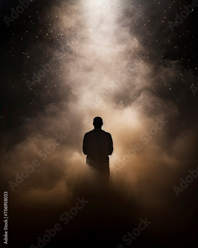 Silhouette of a Muslim man praying, surrounded by lots of light dew smoke, copy space - generative ai