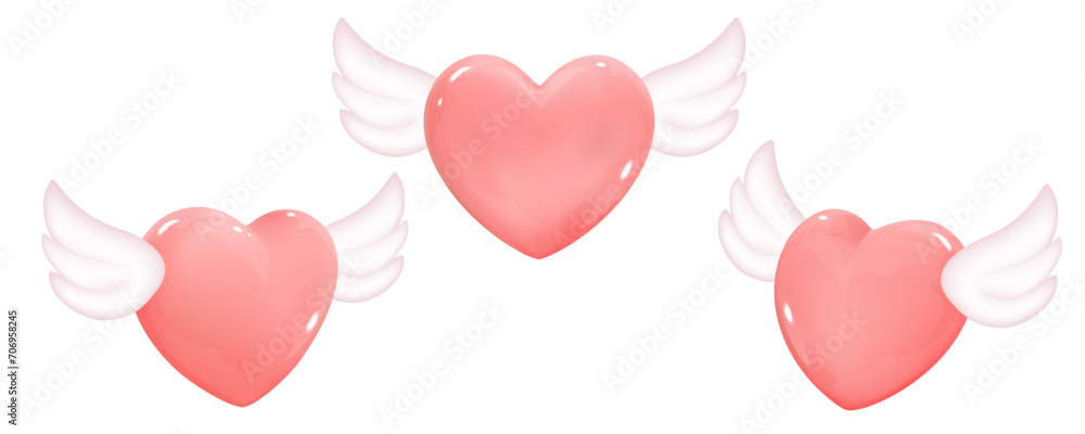Set of hearts with wings, isolated on white. Set of hearts with wings, isolated on white.