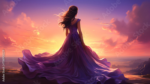 Beautiful woman in purple dress with long hair