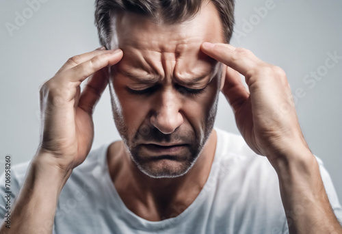 Uomo sofferente nel suo mal di testa, immagine adatta per pubblicità photo
