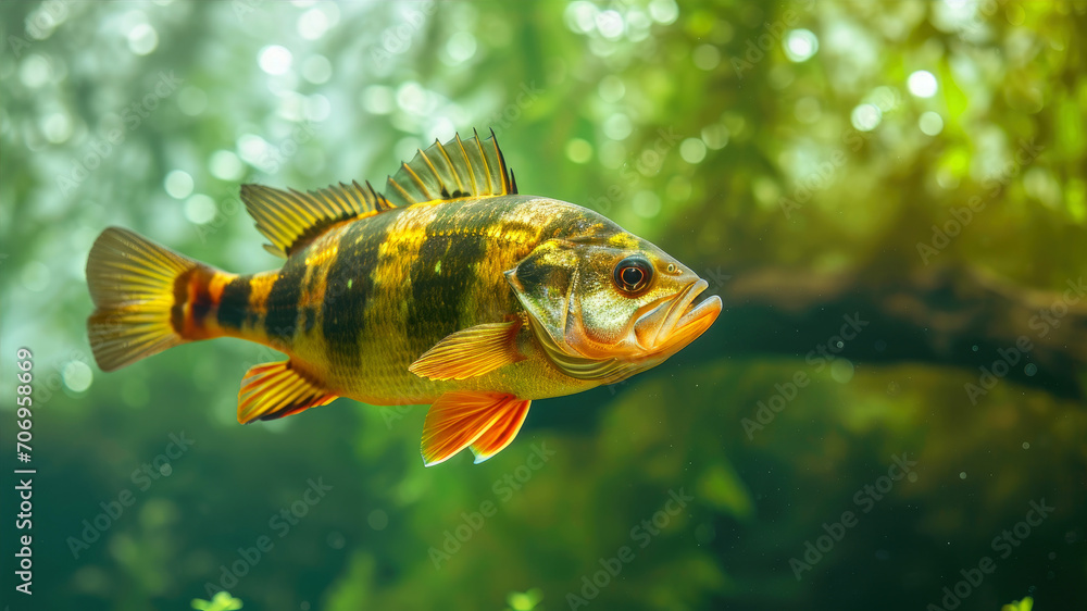 Fototapeta premium Perch in an aquarium. Close-up of a freshwater fish.