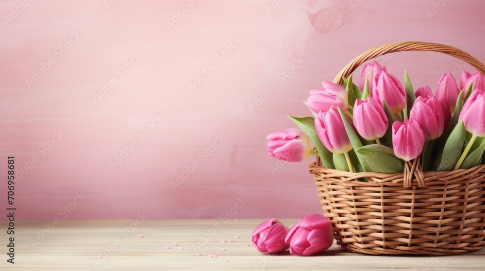 Obraz premium A beautiful basket with pink tulips stands on the table next to a pastel pink background with a copy space. Spring, Easter concepts.