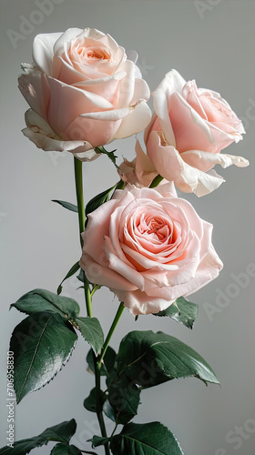 Bouquet of pink and white roses on a gray background.