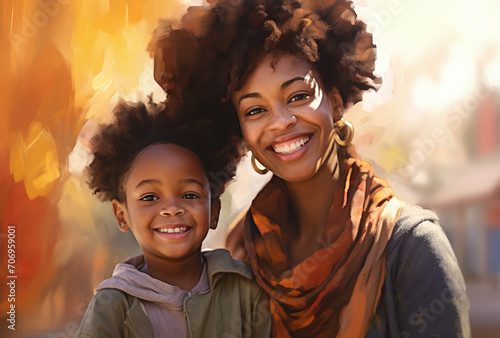 mother and son smile at fair stock photos image, in the style of impressionist colorism, auto body works, afrofuturism, uhd image, depictions of urban life, afrofuturism-inspired
