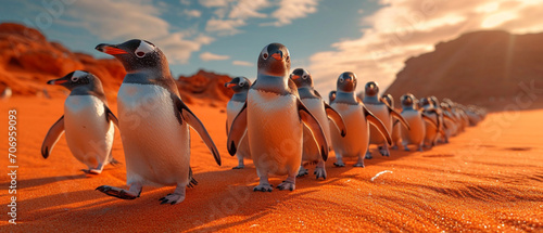 Pinguin-Gruppe im Zeichen des Umweltschutzes photo