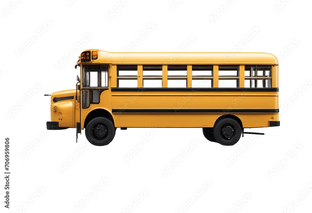 Yellow school bus front view on isolated transparent background