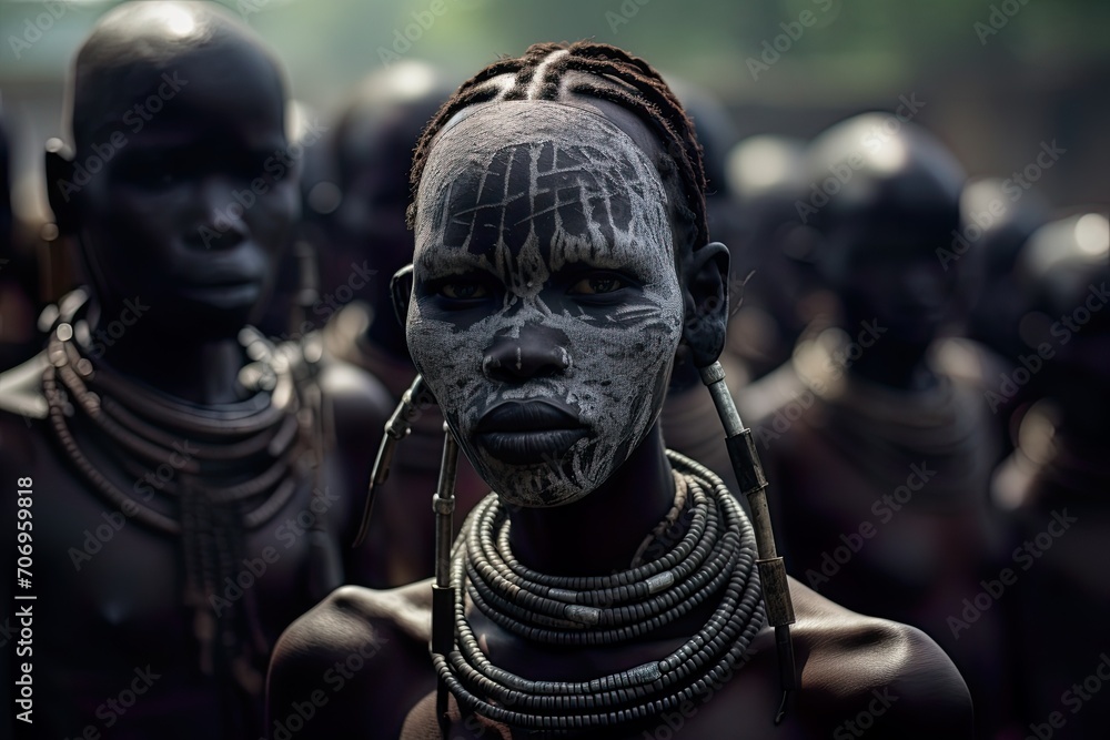 Portrait of a tribal woman with her face painted white.