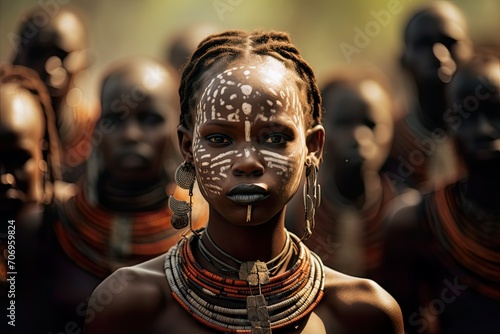 Portrait of a tribal woman with her face painted white.