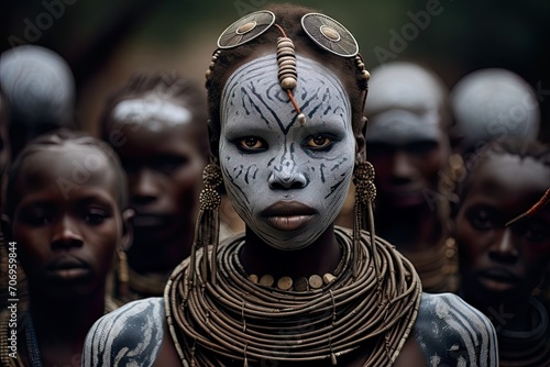 Portrait of a tribal woman with her face painted white. © AntonioJose
