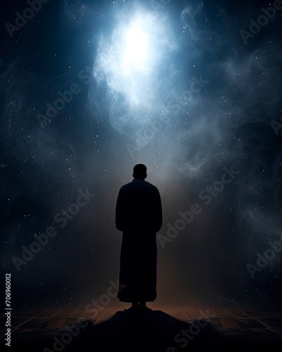 Silhouette of a Muslim man praying, surrounded by lots of light dew smoke, copy space - generative ai