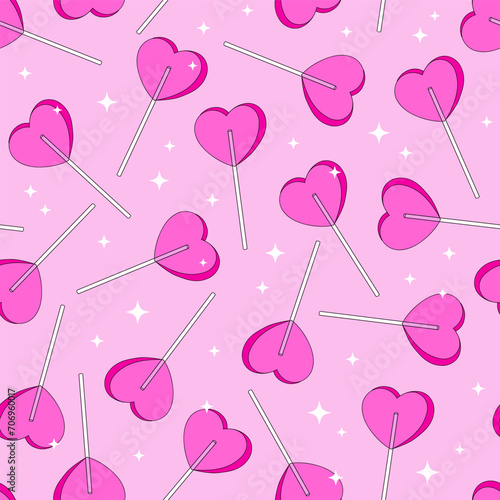 Sweet heart shaped lollipop pink aesthetic vector seamless pattern. Saint Valentines Day romantic love background.