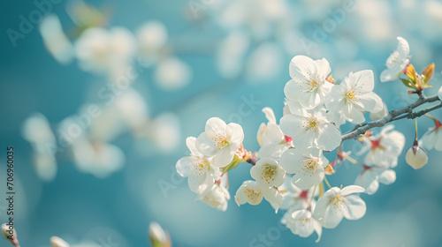 Minimalist floral spring concept with cherry blossom flowers on a green blue blurred blank background 