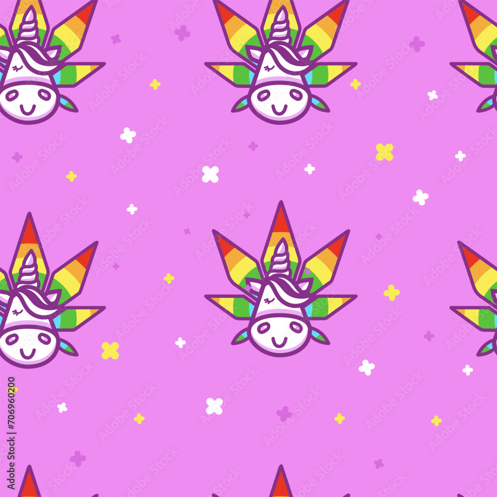 Fun unicorn with rainbow cannabis leaf seamless psychedelic pattern on bright pink background