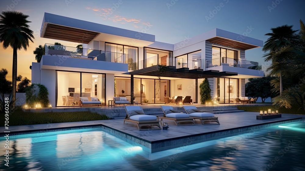 Beautiful modern style luxury home at sunset, featuring entrance and elegant design.