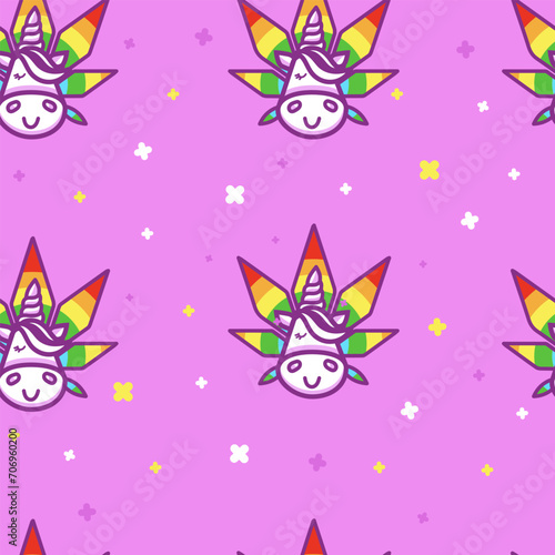 Fun unicorn with rainbow cannabis leaf seamless psychedelic pattern on bright pink background