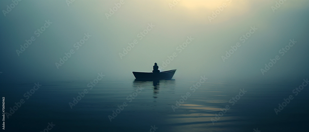 A lonely man sitting in a boat in the middle of a vast lake. Dark foggy, misty wheather, overcast. Sunlight filtering through the thick clouds. - obrazy, fototapety, plakaty 