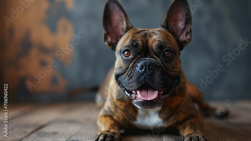 Cute brown bulldog lying indoors and looking at the camera, pet dog portrait with copy space © Sergio