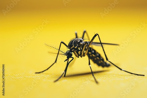Mosquito on a yellow background. Close-up. Copy space