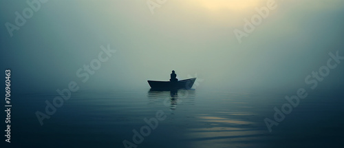 A lonely man sitting in a boat in the middle of a vast lake. Dark foggy, misty wheather, overcast. Sunlight filtering through the thick clouds. © bagotaj