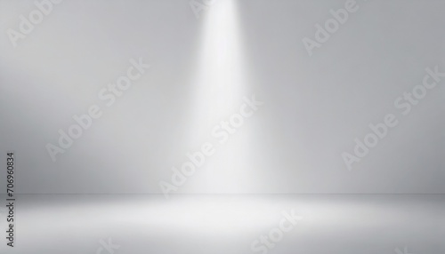 Empty studio with a beam of light on white and grey background. Minimalist mockup for podium display and showcase  studio room  Desk illuminated by spotlight  interior room for displaying products
