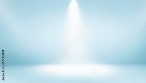 Empty studio with a beam of light on light pale blue paper background. Minimalist mockup, podium display and showcase, studio room, Desk illuminated by spotlight, interior room for displaying products