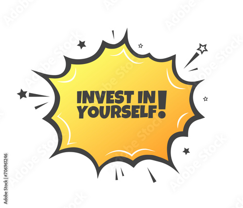 Invest in yourself sign. Flat, yellow, explosion sign, invest in yourself sign. Vector icon