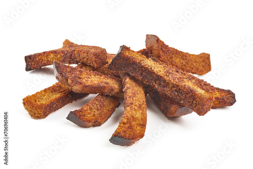 Crispy rye croutons, isolated on white background.