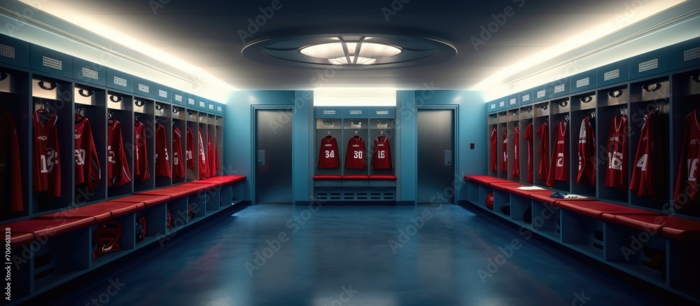No people football players locker room light, blue, red - obrazy, fototapety, plakaty 