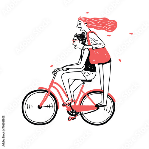 Pretty girl dress casual cycling with friend.