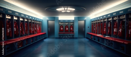 No people football players locker room light, blue, red