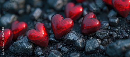 Valentines Day background with red hearts on black volcanic sand.