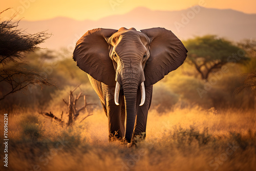 Afrikanischer Elefant in der Savanne, Sonnenaufgang, erste Lichtstrahlen, Tierfotografie, erstellt mit generativer KI photo