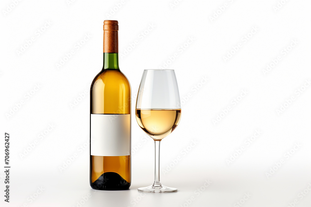 bottle and glass of white wine on a white background. bottle and glass of white wine on a white background.