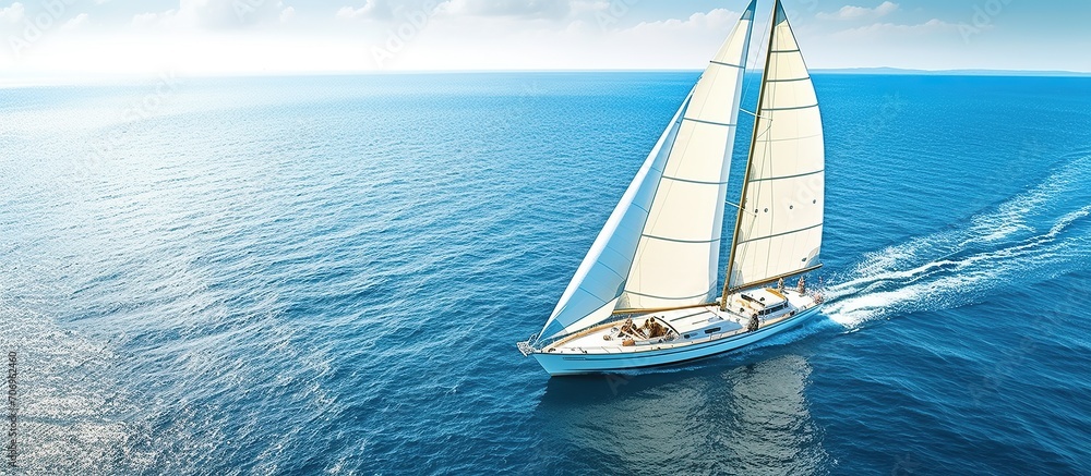 Regatta yacht with white sails sailing on the open blue sea during bright blue sky