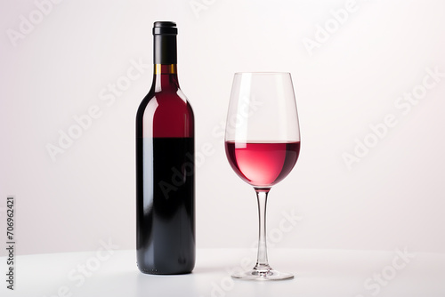 bottle and glass of red wine on a white background.