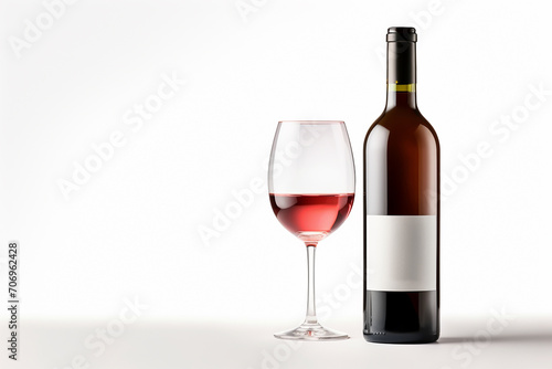 bottle and glass of red wine on a white background.
