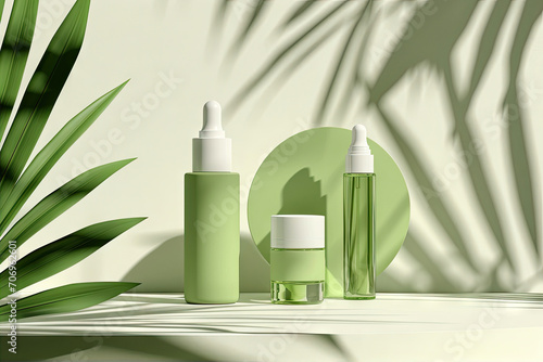 Mockup of green cosmetic bottle with pipette and dropper on white background with tropical leaves.