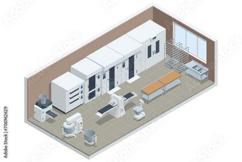 Isometric concept of Industrial bread production. Automatic bakery production line. Fresh hot baked bread.