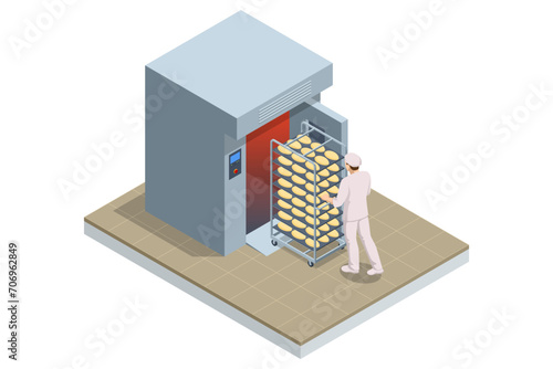 Isometric concept of Industrial bread production. Automatic bakery production line. Fresh hot baked bread.