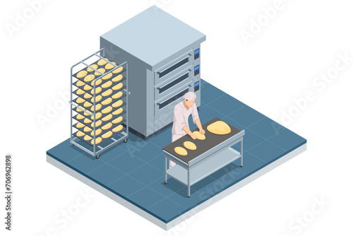 Isometric concept of Industrial bread production. Automatic bakery production line. Fresh hot baked bread.