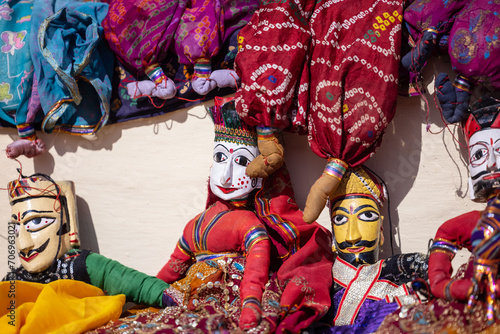 Indian colorful Rajasthani handmade Puppets and Crafts products at jodhpur. Selective focus. photo
