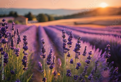 Lavender field at beautiful sunrise. Generative AI. 