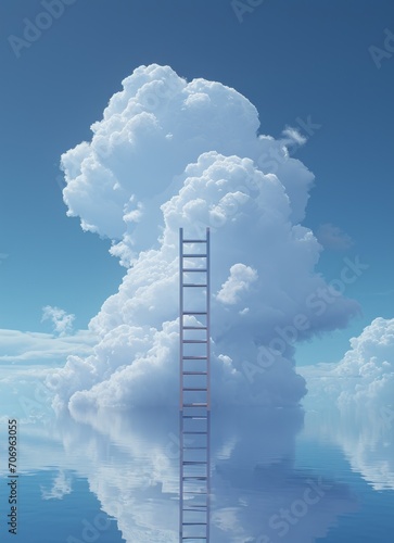 A serene and reflective image featuring a lone ladder reaching into a tower of clouds above tranquil waters
