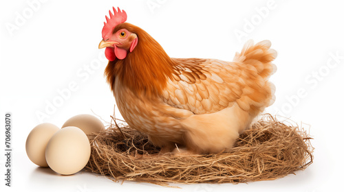 Hen in the chicken nest with eggs isolated on white background