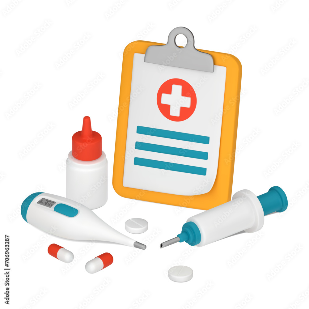 A Clipboard with a Red Cross. Medical equipment, thermometer, syringe, tablets, capsules. 3D vector illustration isolated on white background A Clipboard with a Red Cross. Medical equipment, thermometer, syringe, tablets, capsules. 3D vector illustration isolated on white background