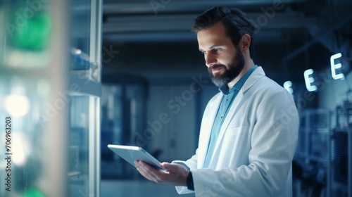 Portrait of a handsome male scientist microbiologist using a digital tablet computer to analyze data in a modern medical research laboratory. Genetics, medicine, advanced technologies concepts.